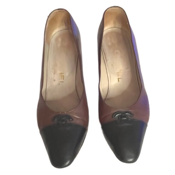 Chanel Brown, Black Leather Cap Toe CC Logo Contrasting Color Pumps 3 5.5 - Picture 4 of 11